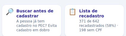 Atalhos do recadastro na aba Território